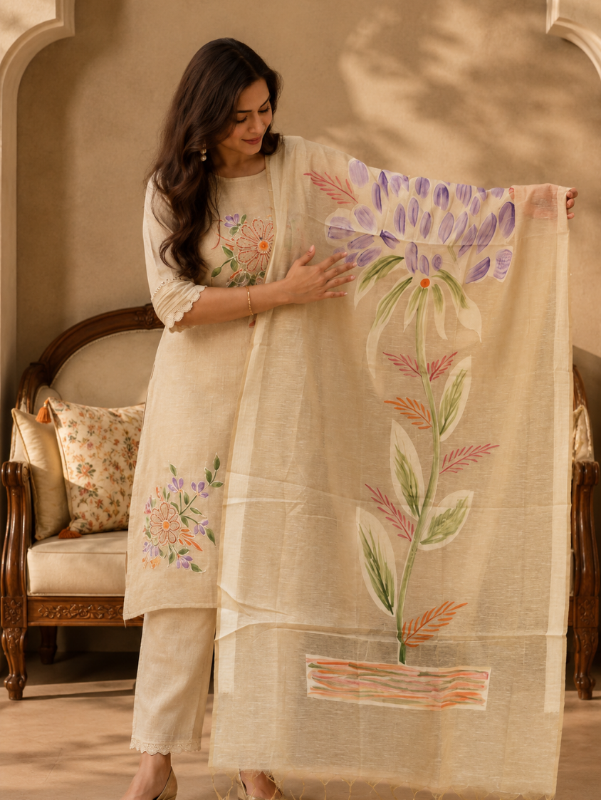 Ivory Bloom Embroidered Suit Set with Dupatta