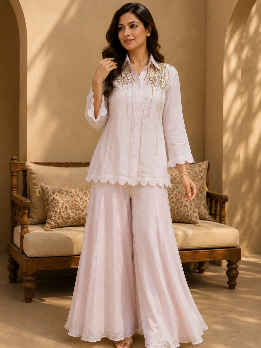 Pearl Embellished Shirt Co-Ord Set with Flared Palazzo (2-Piece Set)