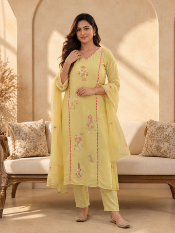 Gulbahar Lemon Yellow Embroidered Suit Set with Dupatta (3-Piece Set)
