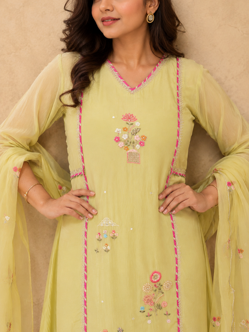 Gulbahar Lemon Yellow Embroidered Suit Set with Dupatta (3-Piece Set)
