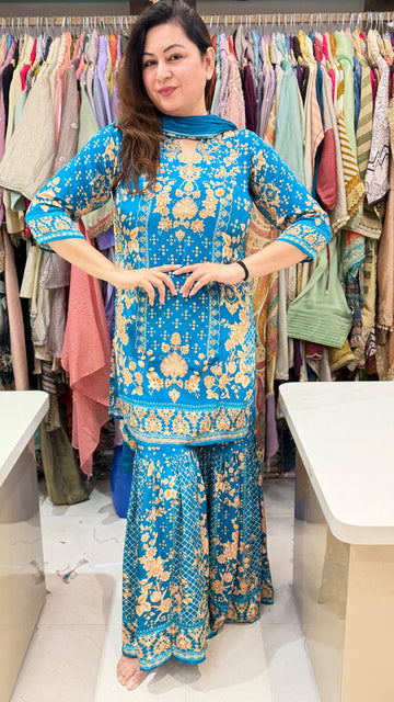 Blue Floral Printed Crepe Sharara Suit Set