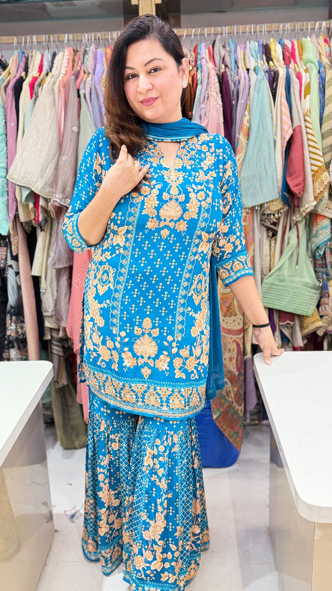 Blue Floral Printed Crepe Sharara Suit Set