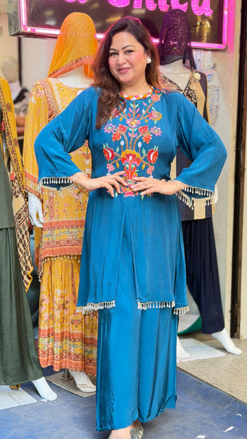 Embroidered Crepe Kurta Palazzo Set – Royal Blue, Hot Pink & Bright Yellow