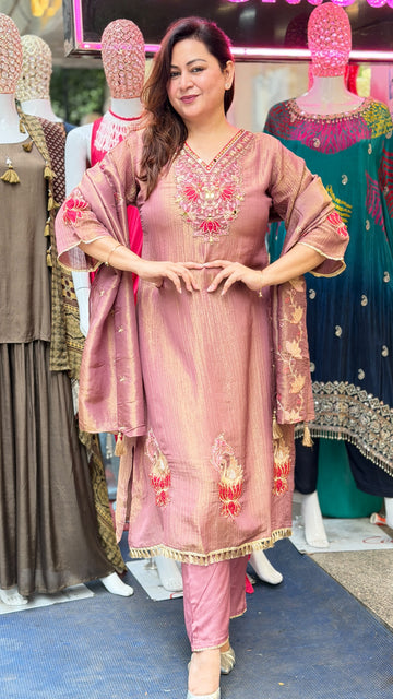 Elegant Crush Tissue Embroidered Straight Suit with Dupatta