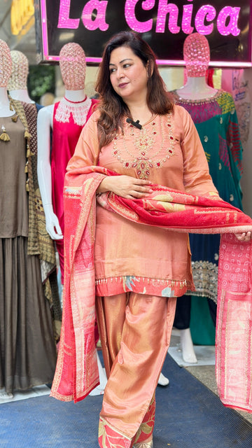 Embroidered Shimmer Farshi Suit Set with Dupatta (Peach) (3-Piece Set)