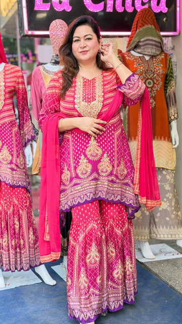 Elegant Magenta  Gharara Set with Embroidered Neckline & Dupatta
