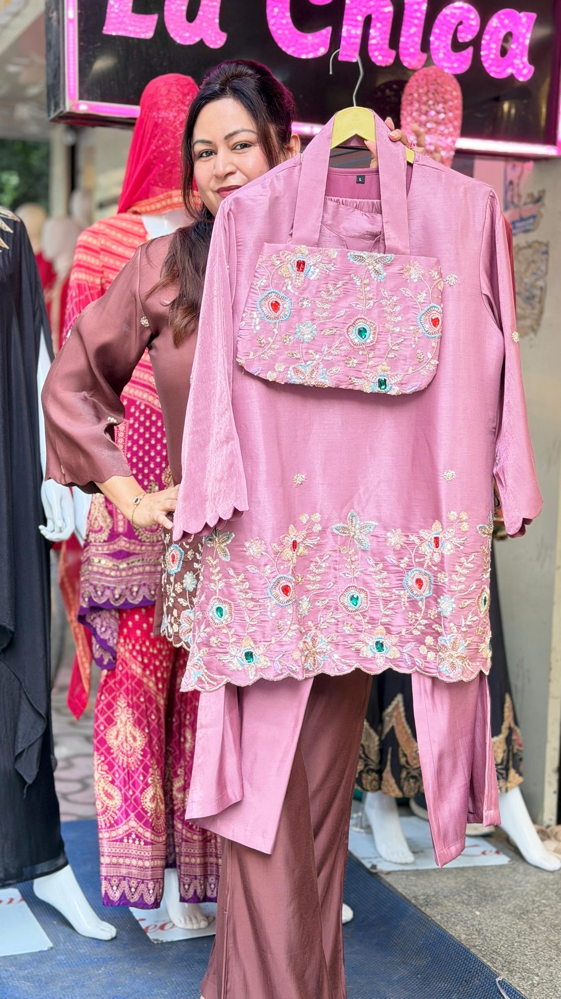 Elegant Dusty Rose Shimmer Co-ord Set with Floral Embroidery