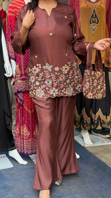 Elegant Dusty Rose Shimmer Co-ord Set with Floral Embroidery