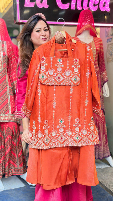 Regal Rust Orange Shimmer Kurta Palazzo Set with Floral Embroidery