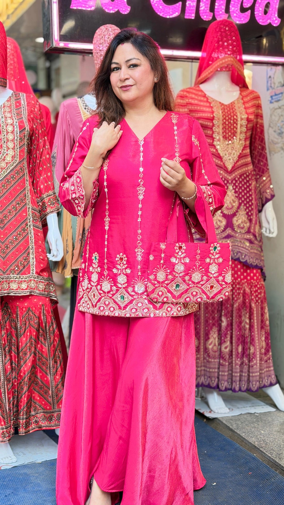 Regal Rust Orange Shimmer Kurta Palazzo Set with Floral Embroidery