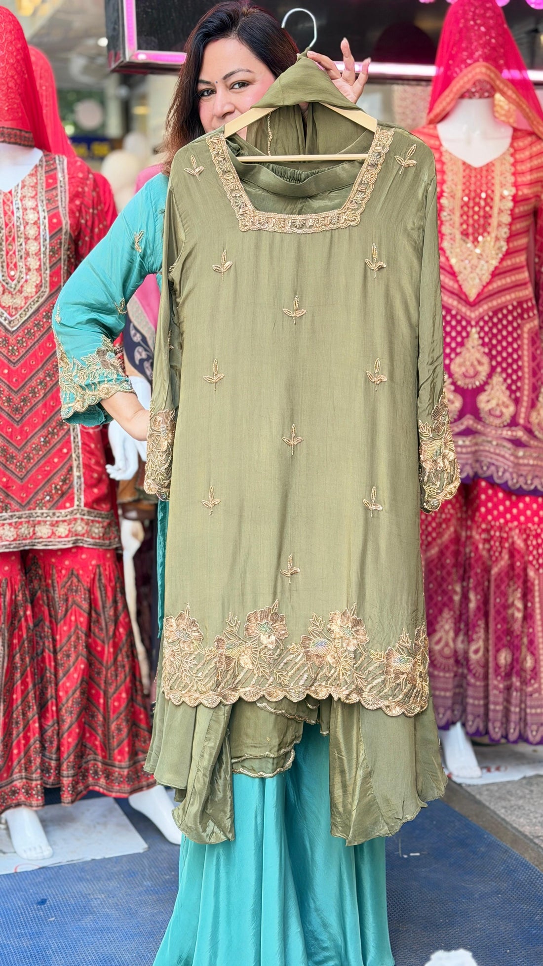 Sea Green Crepe Kurta Palazzo Set with Golden Floral Embroidery & Dupatta