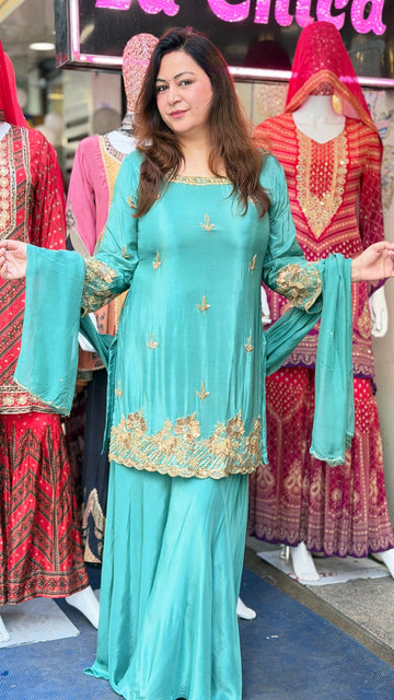 Sea Green Crepe Kurta Palazzo Set with Golden Floral Embroidery & Dupatta