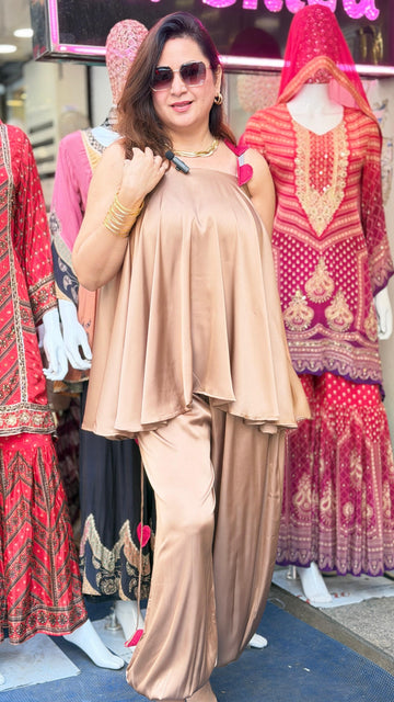 Satin Heart Detail Co-ord Set with Flowy Top & Balloon Pants for Women