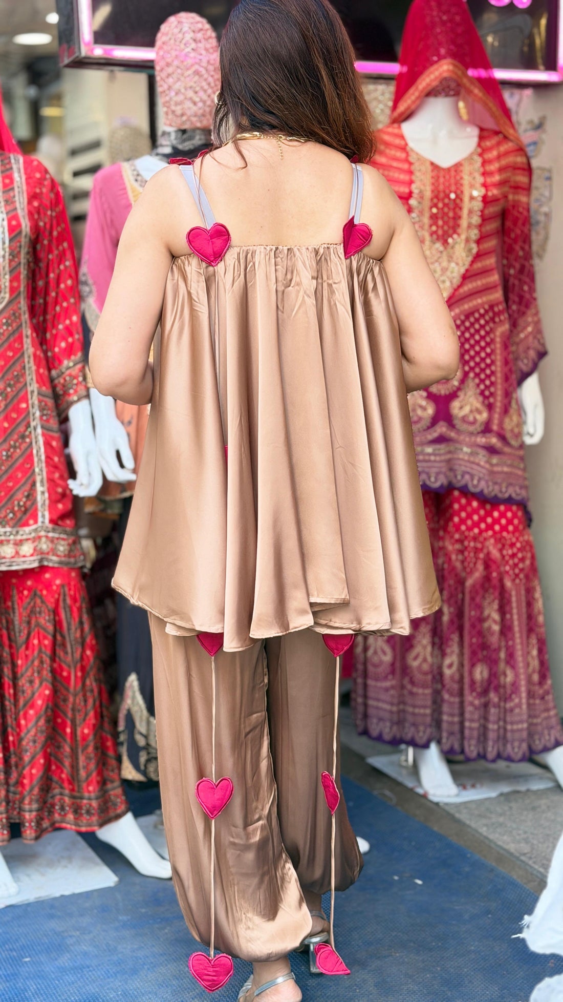 Satin Heart Detail Co-ord Set with Flowy Top & Balloon Pants for Women