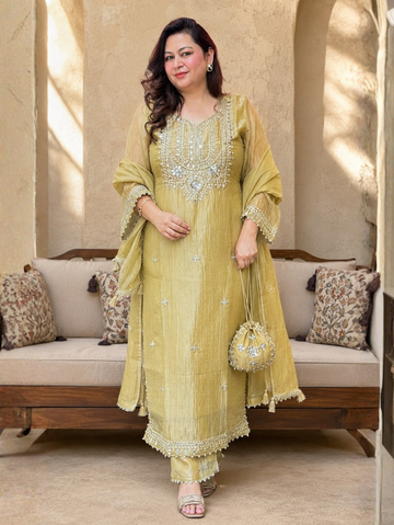 Gold Salsa Fabric Embroidered Kurta Set with Dupatta | Festive Ethnic Wear